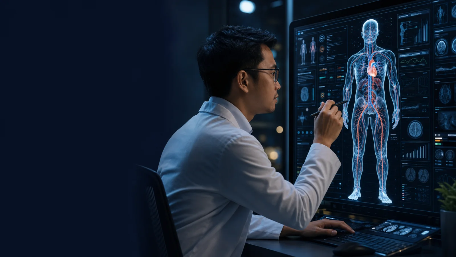 Profesional teknologi kesehatan Indonesia memeriksa visual tubuh manusia digital melalui komputer